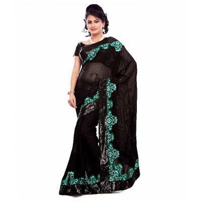 Black Net Embroidered Designer Saree With Blouse Piece