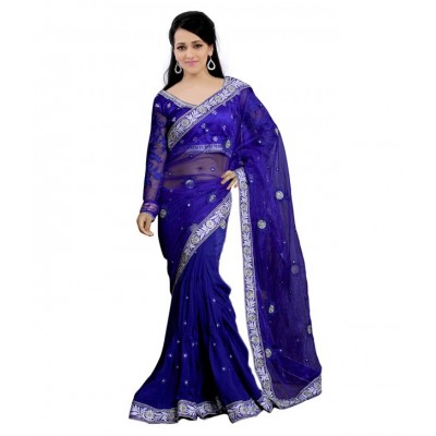 Blue Faux Georgette Embroidered Saree